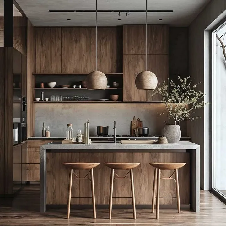 Sebuah dapur modern dengan kabinet kayu berwarna gelap, kitchen island abu-abu dengan tiga kursi bar kayu, dan dua lampu gantung berbentuk bola kayu